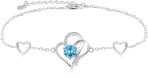 RIVIKO Love Heart Charm Bracelet For Women 925 Sterling Silver With Zirconia Birthstone Bracelets Adjustable Link for Mother Wife Girls Sister Birthday Christmas Mother's Day Valentine's Day Jewelry Gift